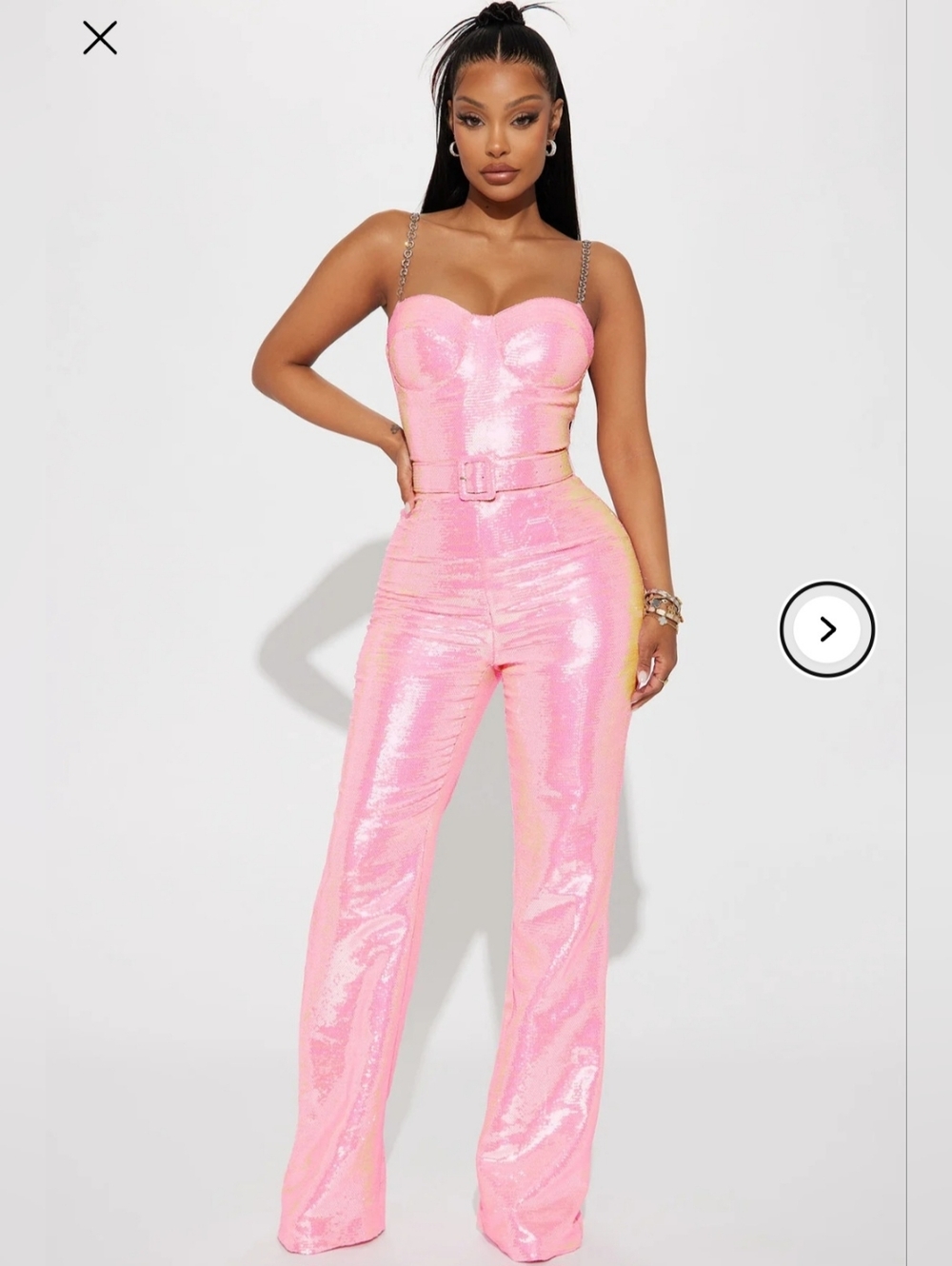 Fashion Nova Shimmer Pink Sequin Bustier Jumpsuit with Waist Belt